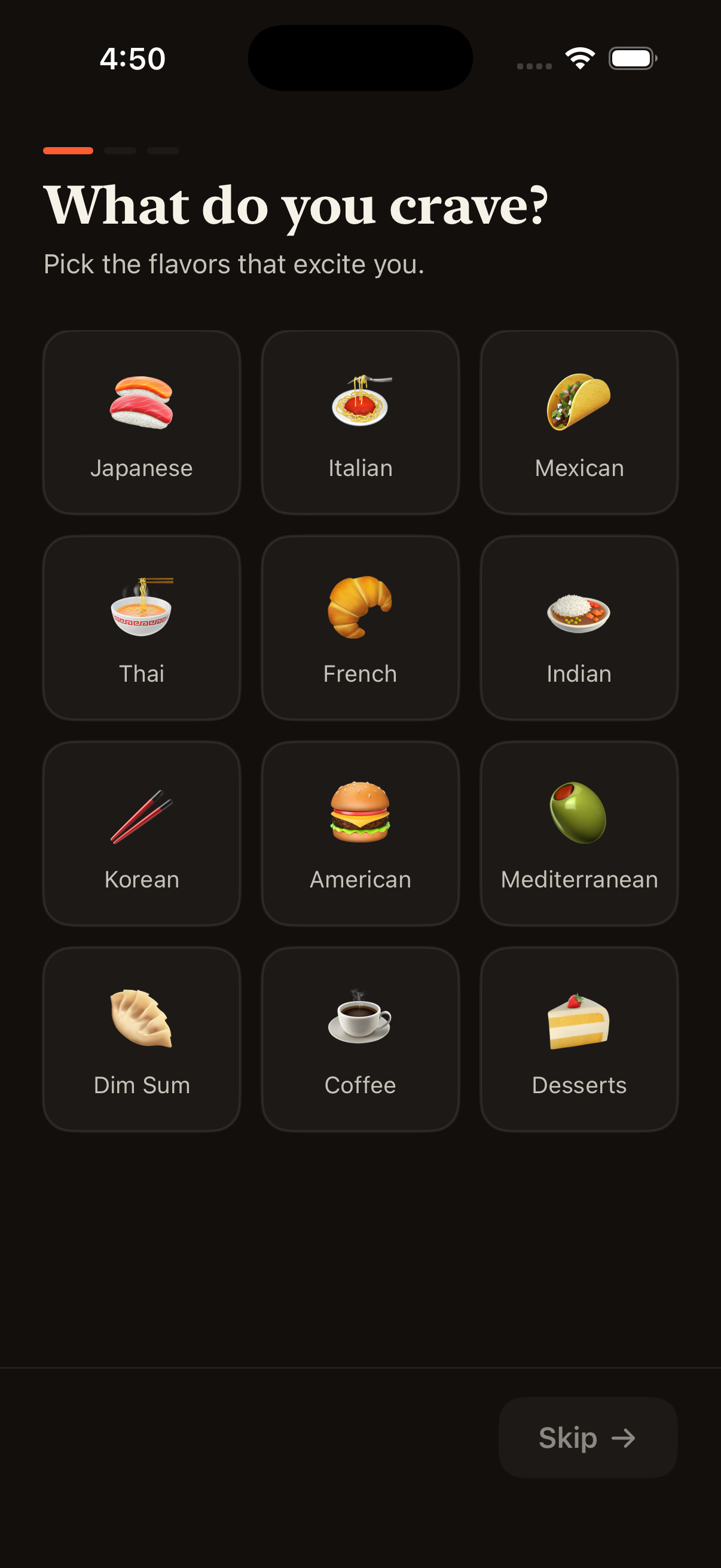 Cravelist food taste profile screen