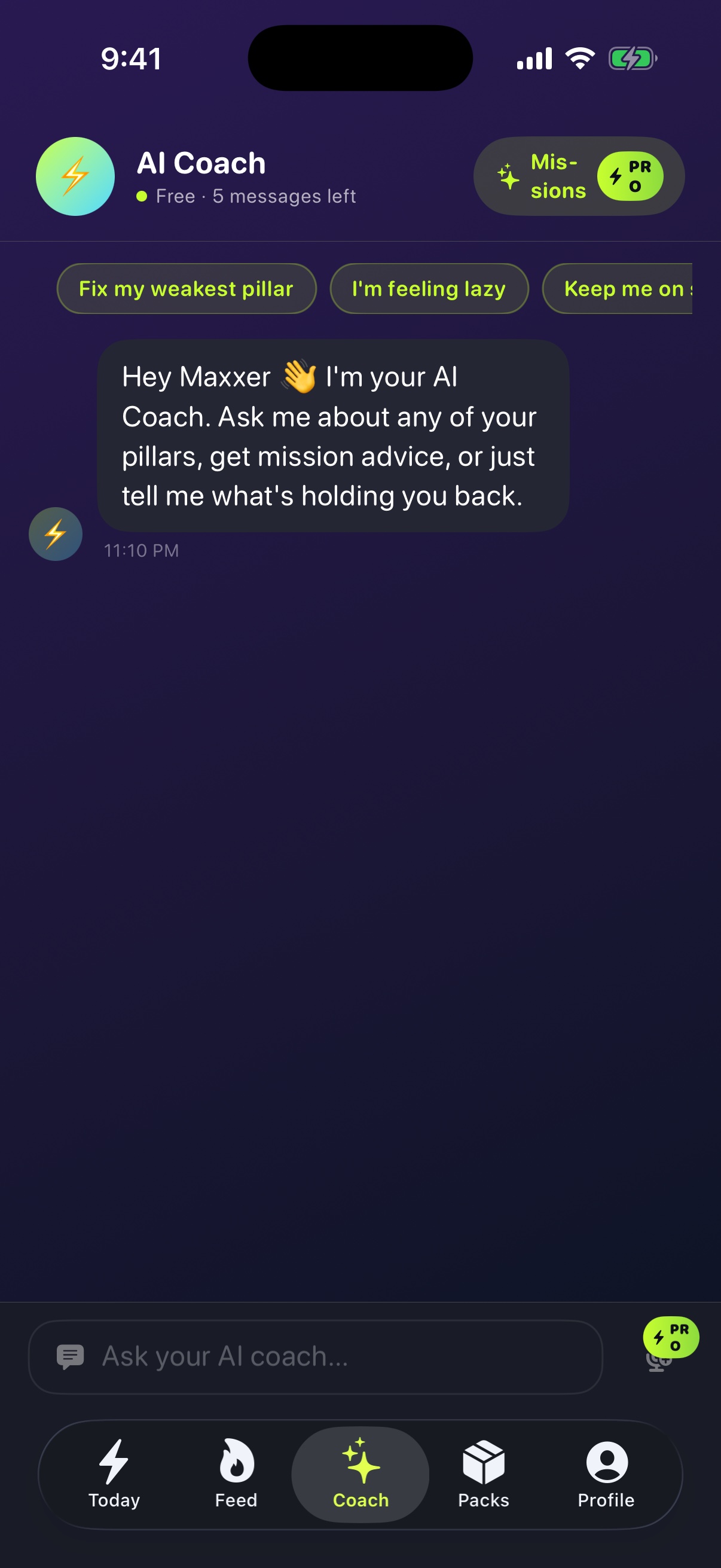 LifeMaxx AI Coach with personalized mission prompts